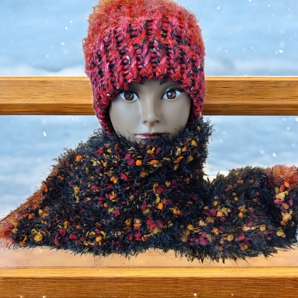 Knit Crochet Hat Scarf Set Colorful OOAK girls size S Multi Color Handmade - Picture 3 of 6